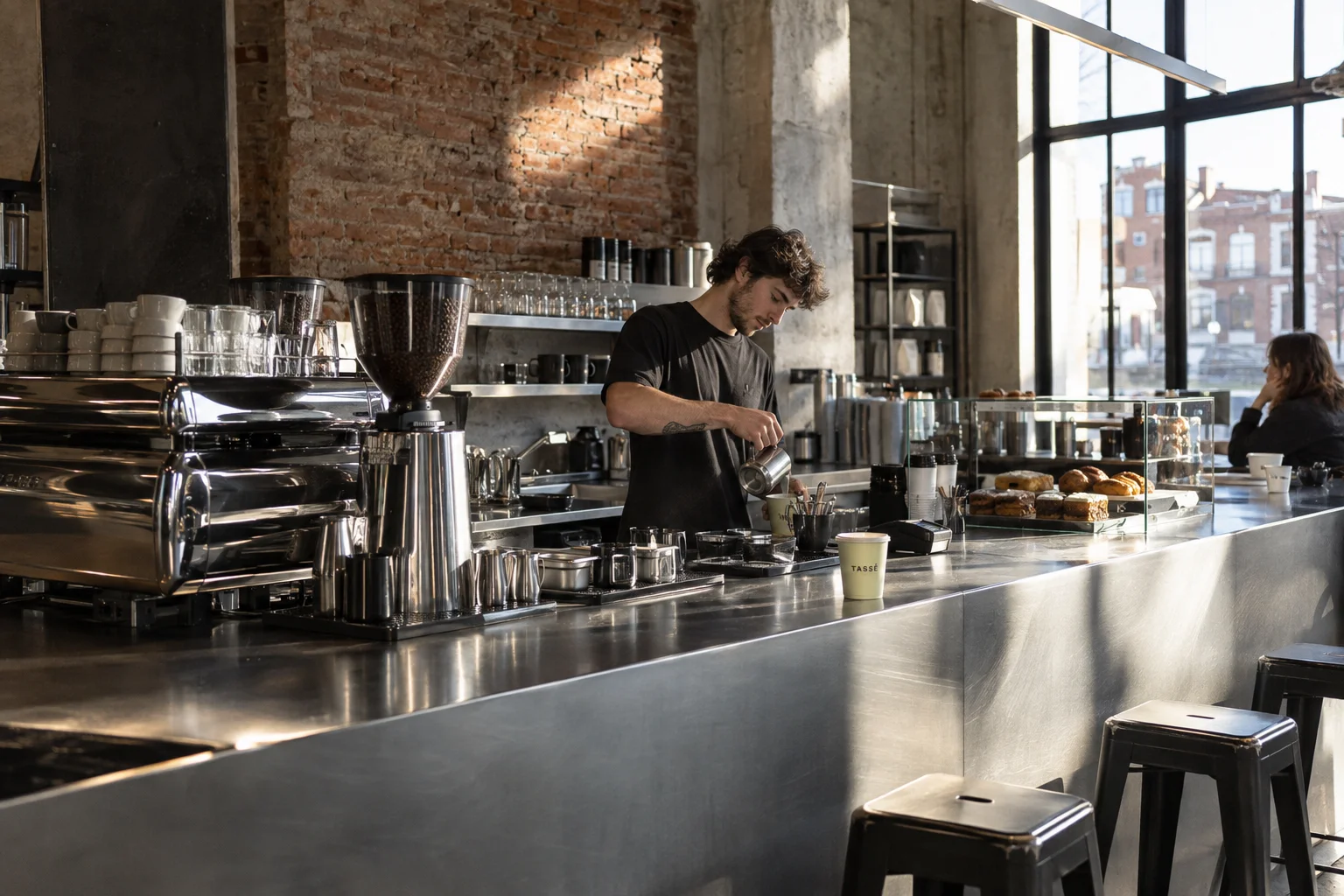 Comptoir inox et lumière naturelle du café Tassé, lieu fictif illustré