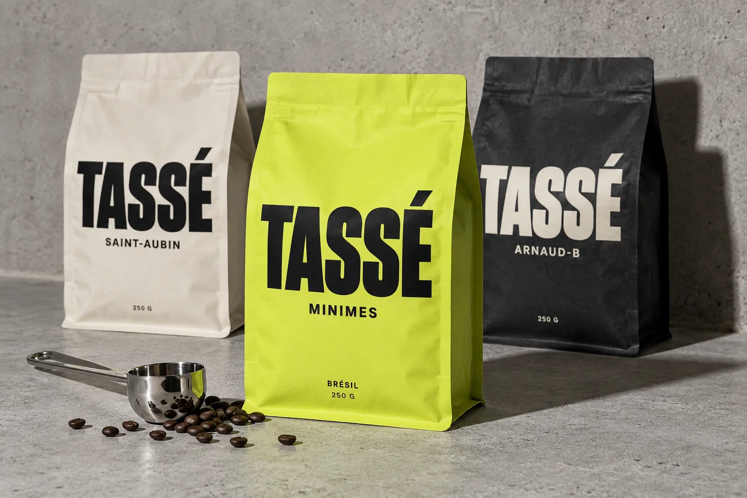 Les trois sachets Tassé : Minimes, Saint-Aubin et Arnaud-B, packaging de démonstration